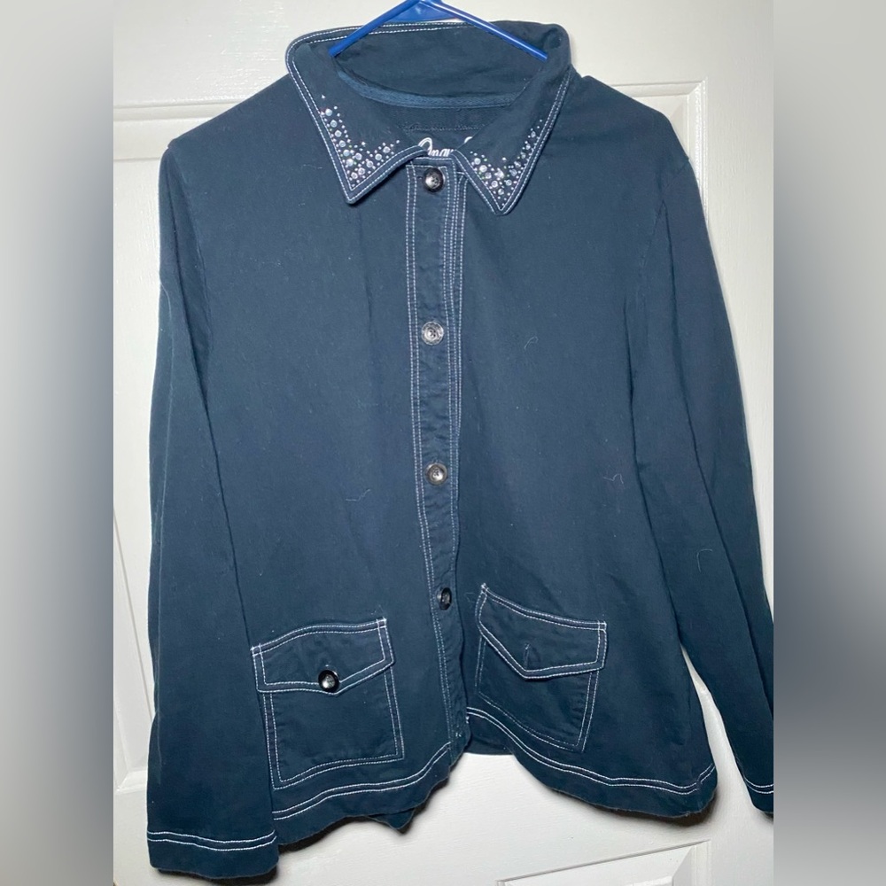 Onque Casuals Black Jean Style Jacket Rhinestone Accents Size XL